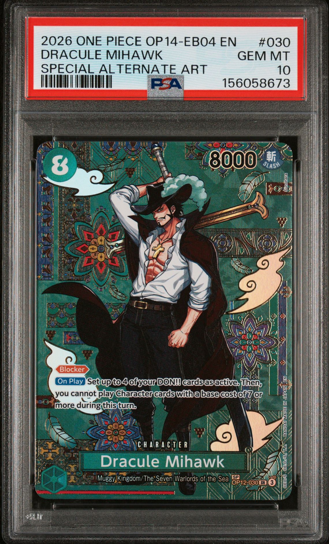 2026 One Piece Op14-Eb04-The Azure Sea's Seven Dracule Mihawk #030 (Special Alternate Art) Gem Mt 10 front view - PSA graded GEM MT 10