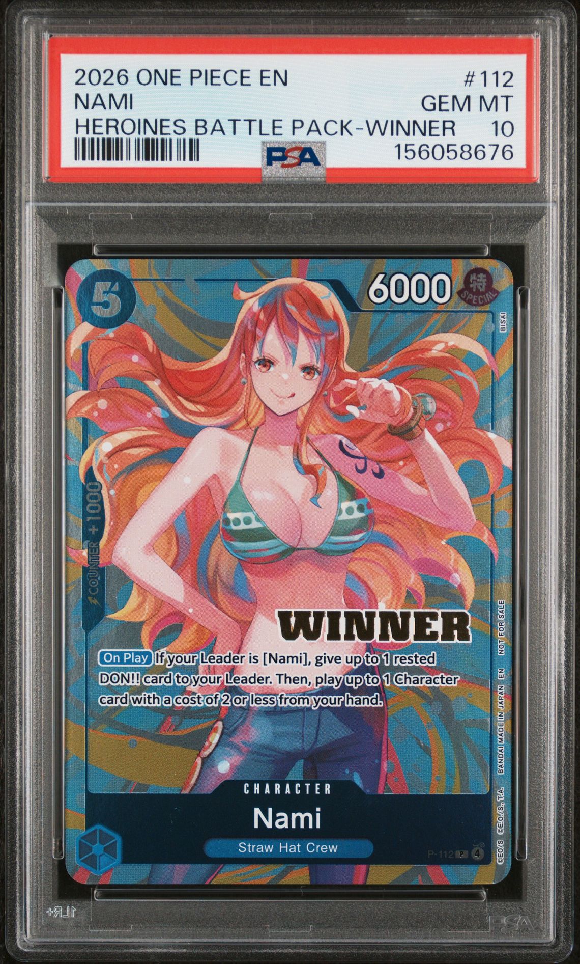2026 One Piece Heroines Battle Pack Nami #112 (Heroines Battle Pack-Winner) Gem Mt 10 front view - PSA graded GEM MT 10