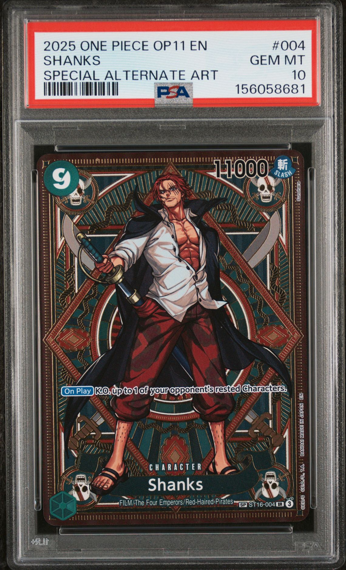 2025 One Piece Op11-A Fist Of Divine Speed Shanks #004 (Special Alternate Art) Gem Mt 10 front view - PSA graded GEM MT 10