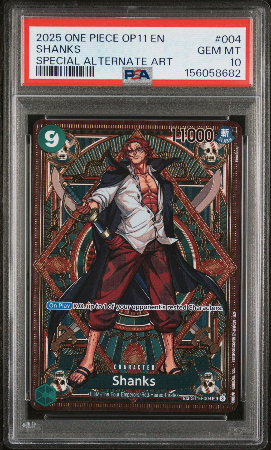 2025 One Piece Op11-A Fist Of Divine Speed Shanks #004 (Special Alternate Art) Gem Mt 10 front view - PSA graded GEM MT 10