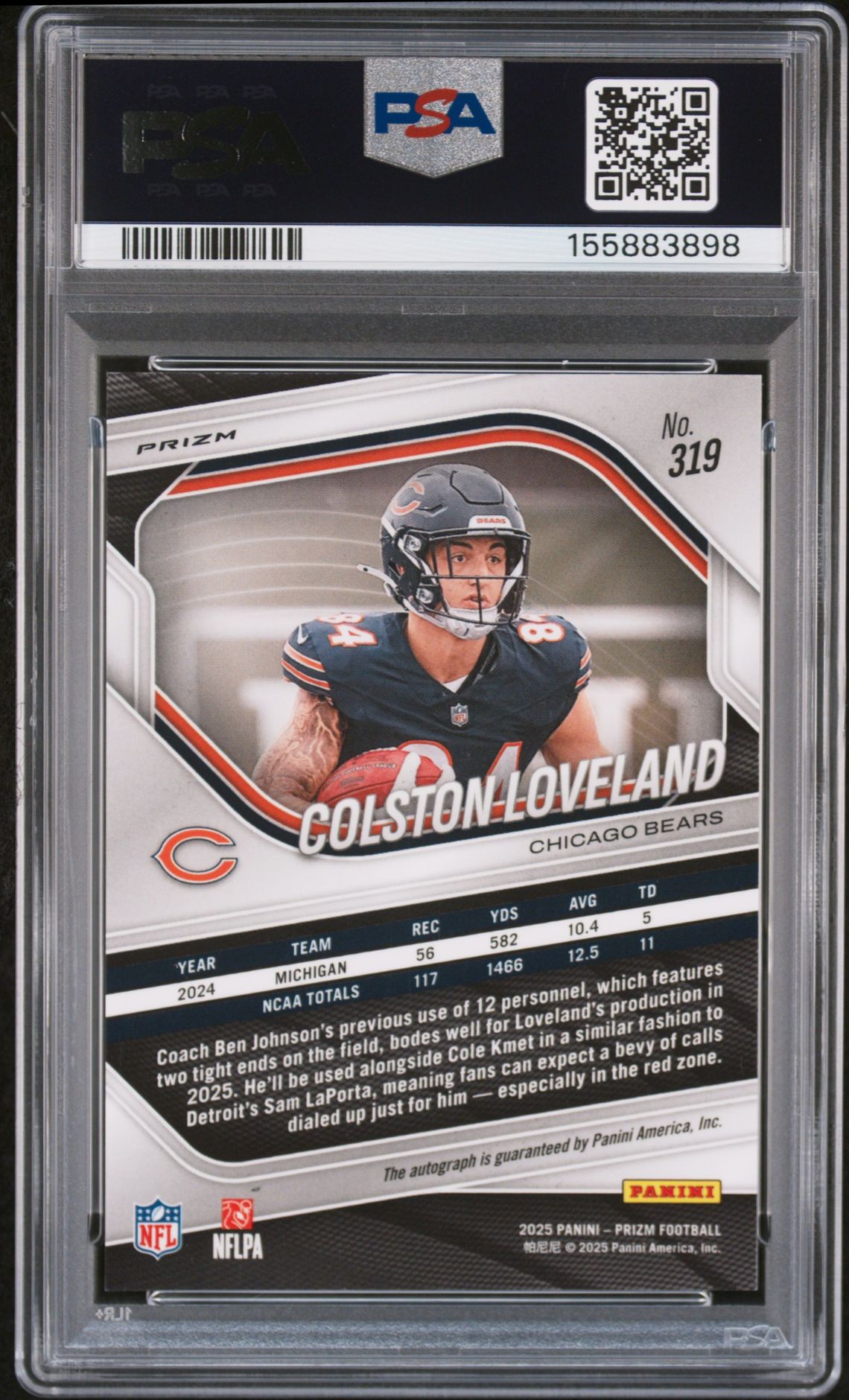 2025 Panini Prizm Colston Loveland #319 (Autograph-Silver Prizm) Mint 9 back