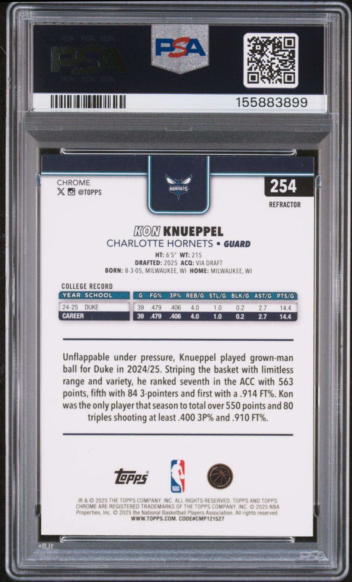 2025 Topps Chrome Kon Knueppel #254 (Refractor) Gem Mt 10 back view - PSA certificate #155883899