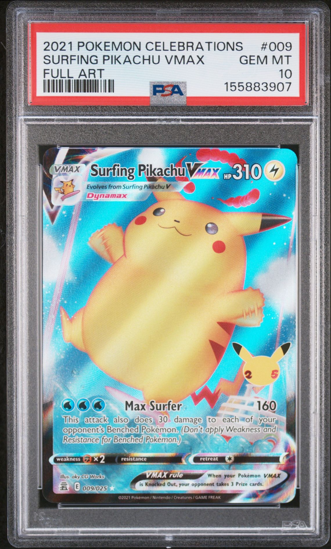 2021 Pokemon Celebrations Surfing Pikachu Vmax #009 (Full Art) Gem Mt 10 front