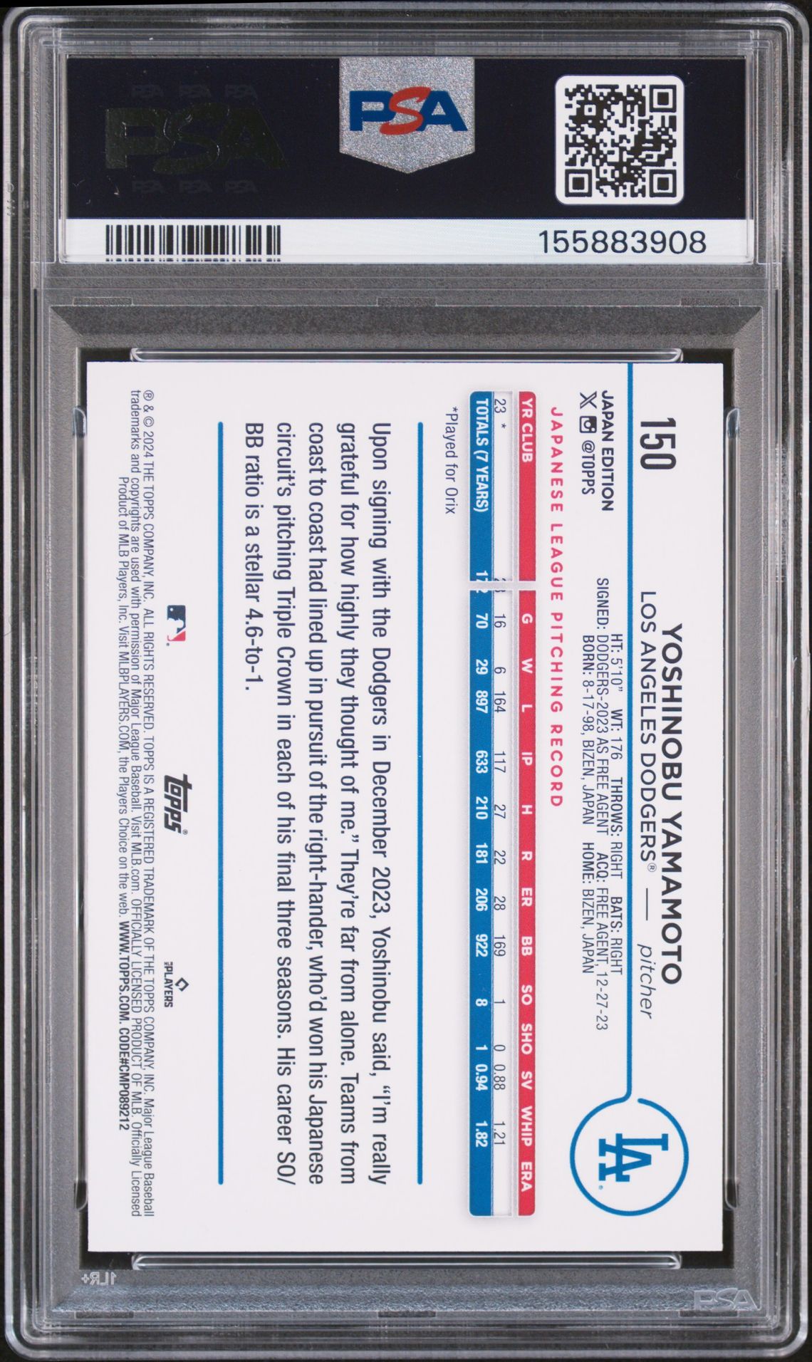 2024 Topps Baseball Japan Edition Yoshinobu Yamamoto #150 Gem Mt 10 back view - PSA certificate #155883908