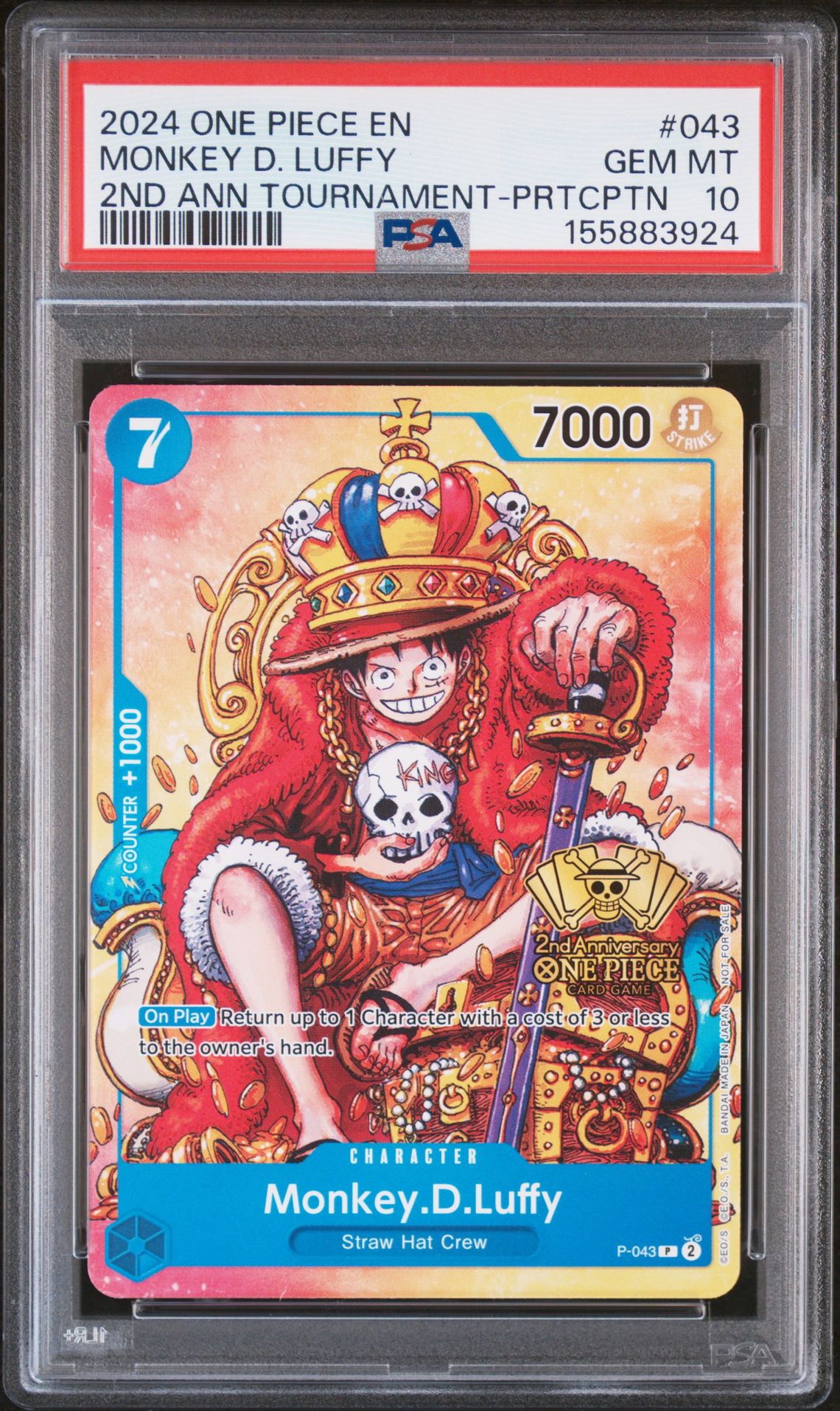 2024 One Piece Promos Monkey D. Luffy #043 (2Nd Ann Tournament-Prtcptn) Gem Mt 10 front
