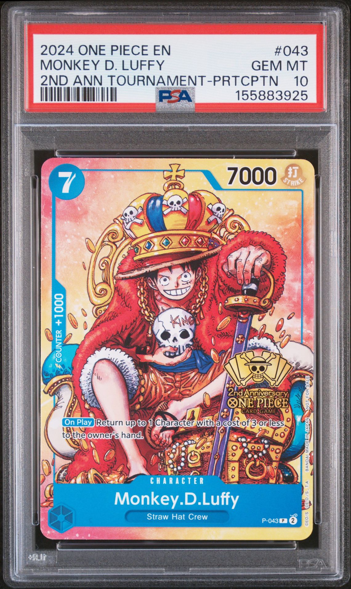 2024 One Piece Promos Monkey D. Luffy #043 (2Nd Ann Tournament-Prtcptn) Gem Mt 10 front view - PSA graded GEM MT 10