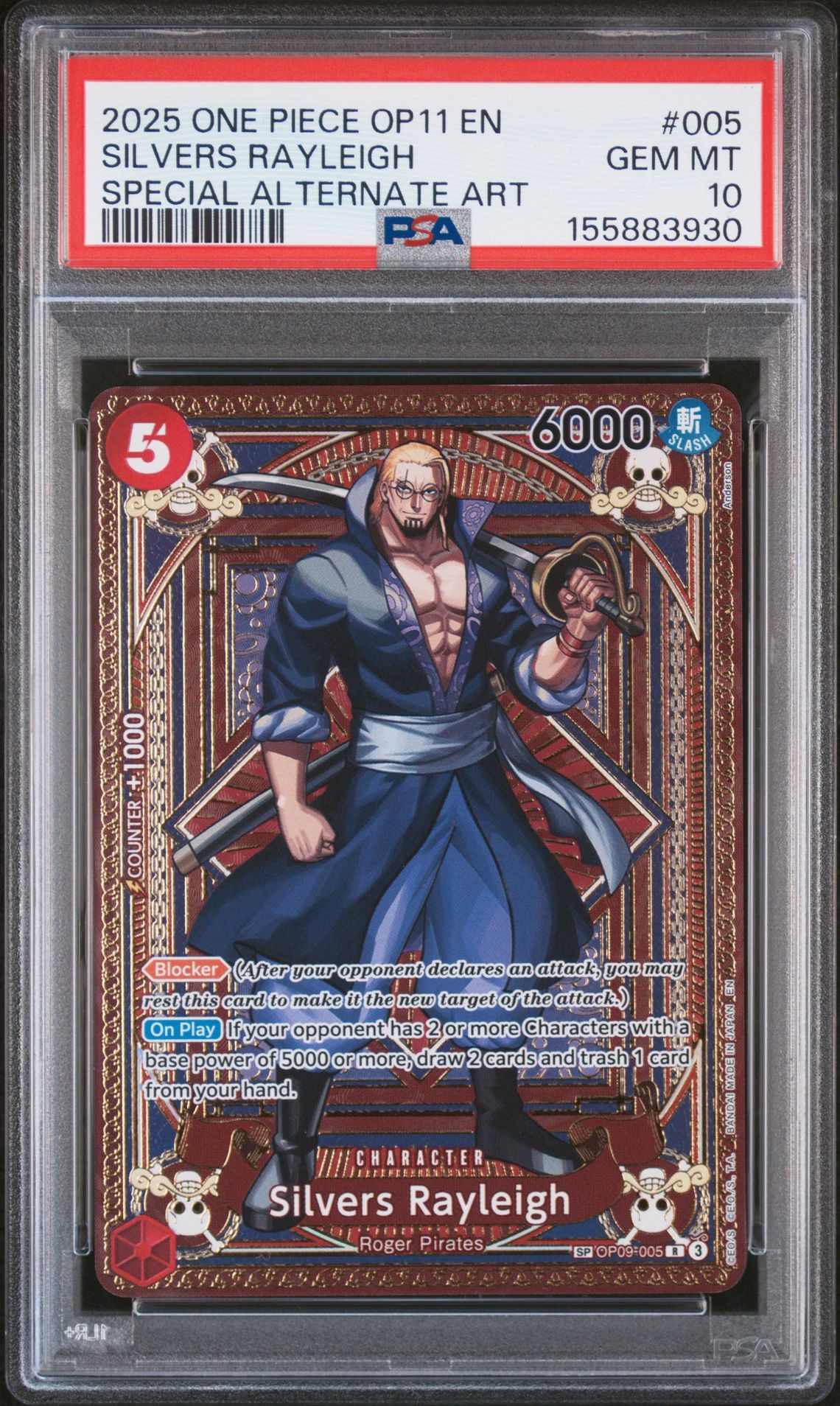 2025 One Piece Op11-A Fist Of Divine Speed Silvers Rayleigh #005 (Special Alternate Art) Gem Mt 10 front view - PSA graded GEM MT 10