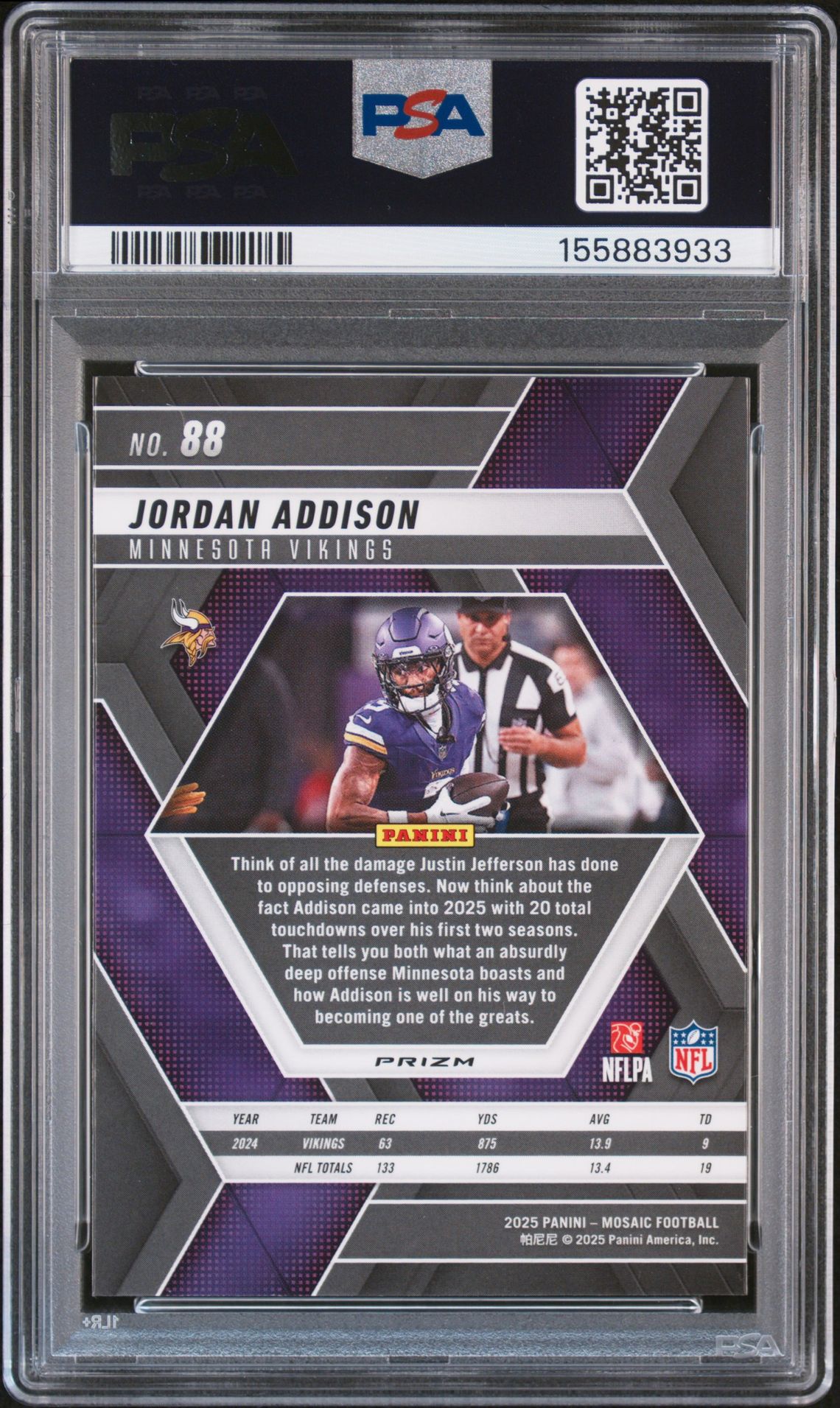 2025 Panini Mosaic Jordan Addison #88 (Honeycomb) Gem Mt 10 back view - PSA certificate #155883933