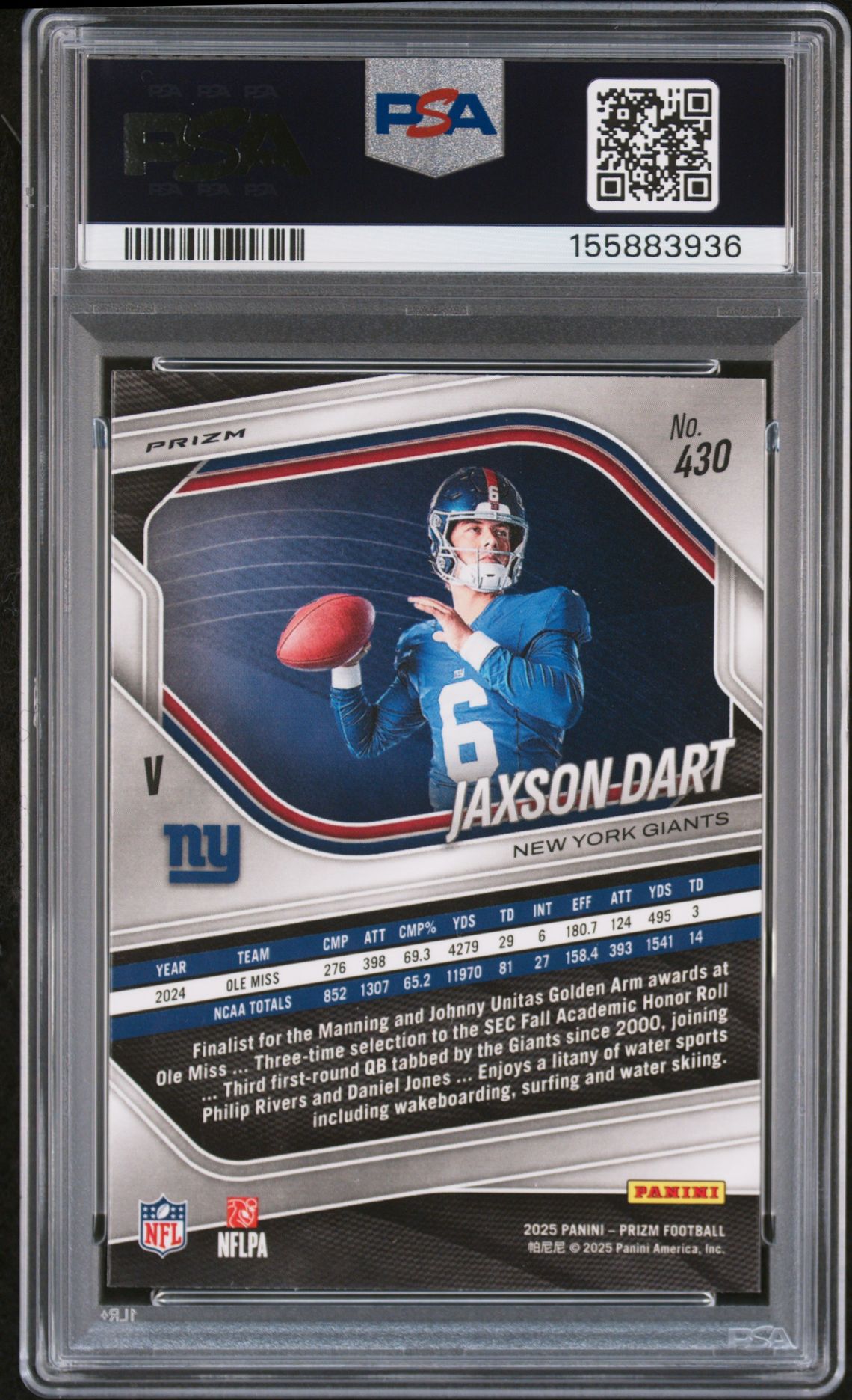 2025 Panini Prizm Jaxson Dart #430 (Silver Prizm) Gem Mt 10 back view - PSA certificate #155883936