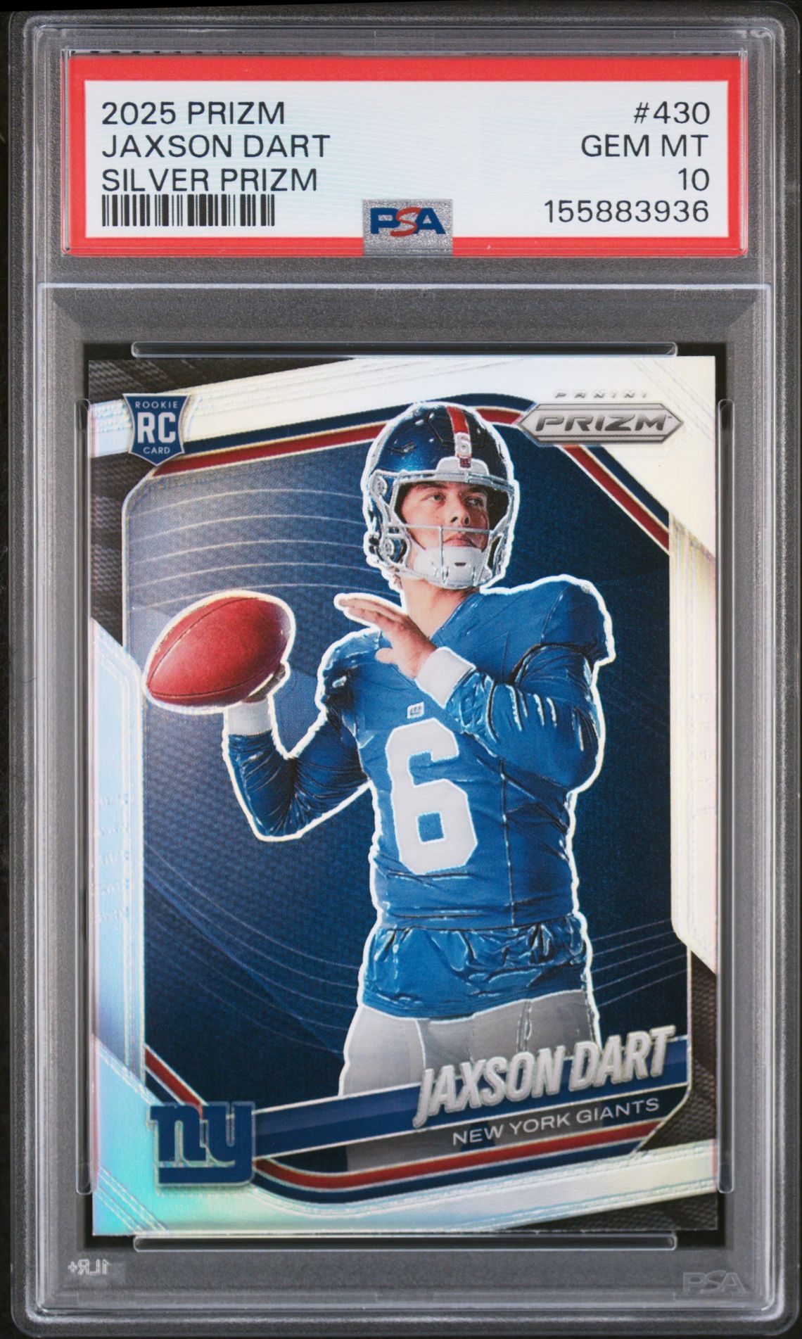 2025 Panini Prizm Jaxson Dart #430 (Silver Prizm) Gem Mt 10 front view - PSA graded GEM MT 10