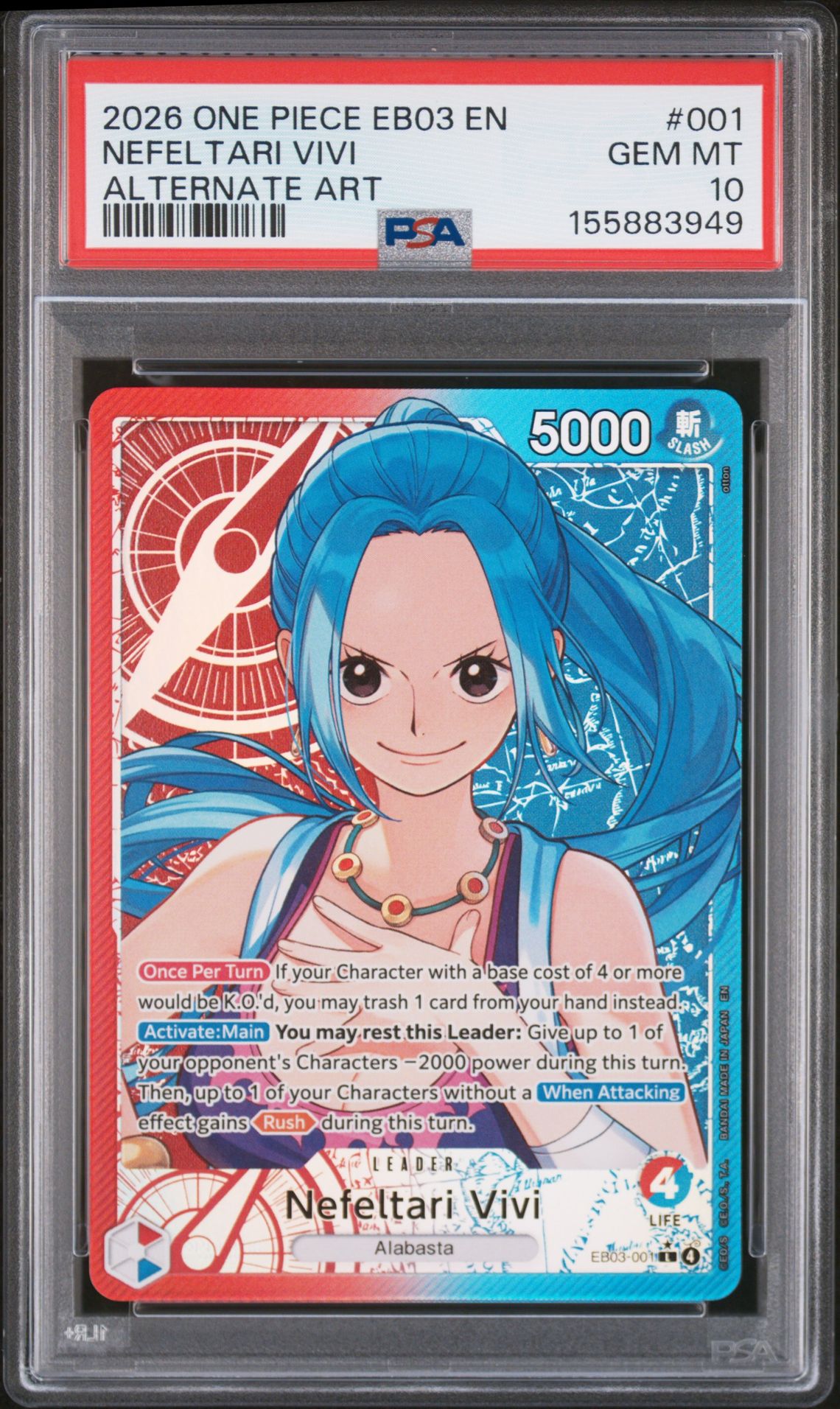 2026 ONE PIECE EB03-EXTRA BOOSTER -ONE PIECE HEROINES EDITION- NEFELTARI VIVI ALTERNATE ART 001 GEM MT 10 front