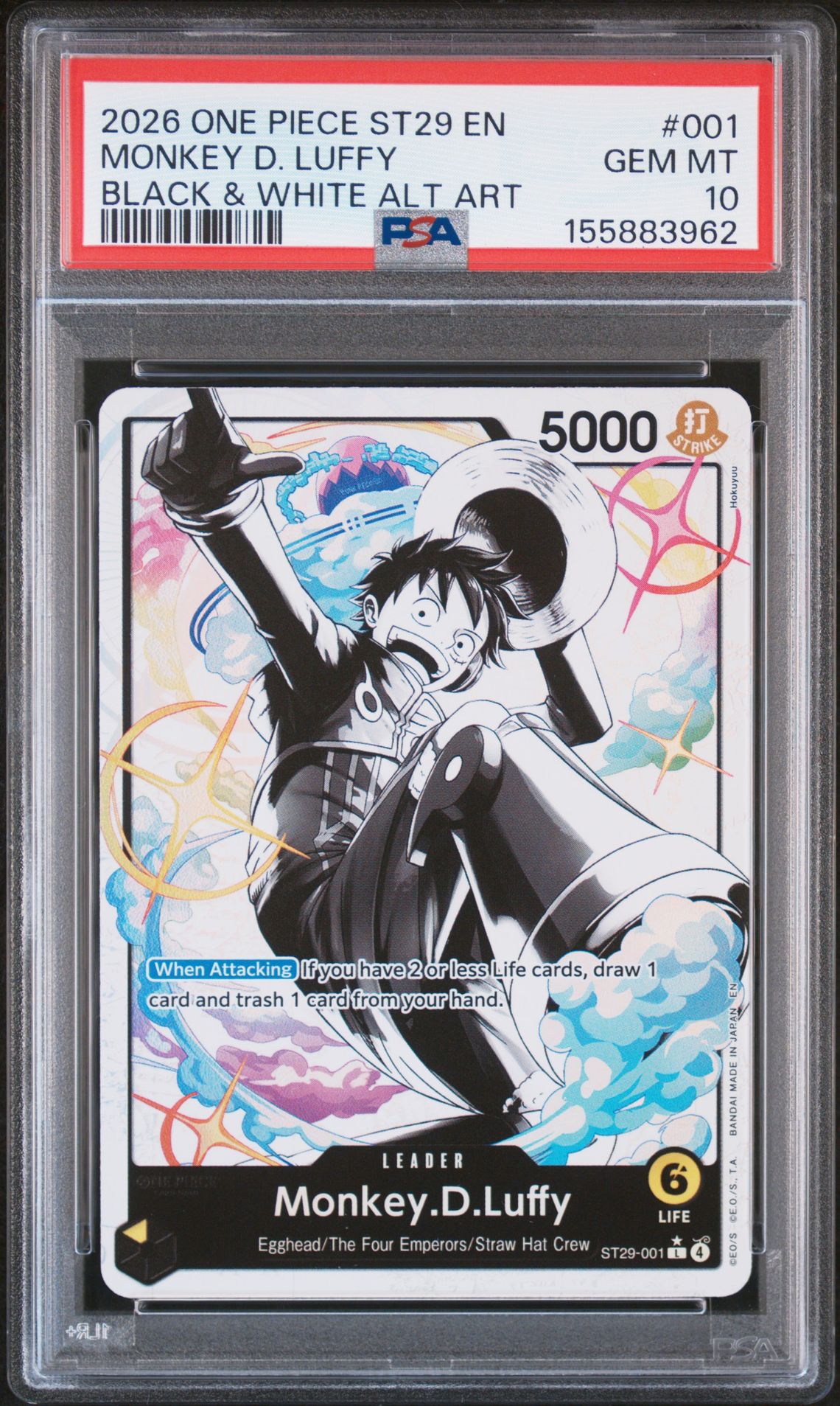 2026 One Piece Starter Deck St29-Egghead Monkey D. Luffy #001 (Black & White Alt Art) Gem Mt 10 front