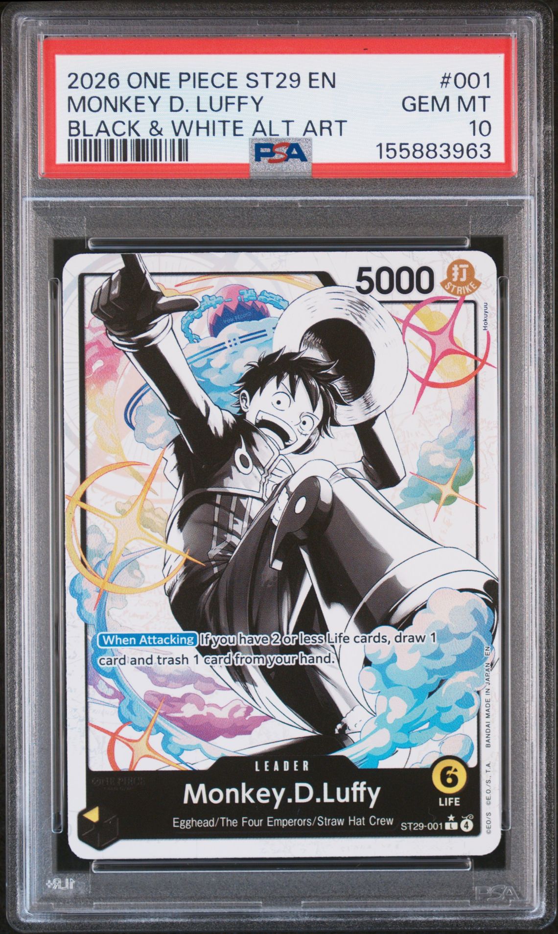 2026 One Piece Starter Deck St29-Egghead Monkey D. Luffy #001 (Black & White Alt Art) Gem Mt 10 front view - PSA graded GEM MT 10