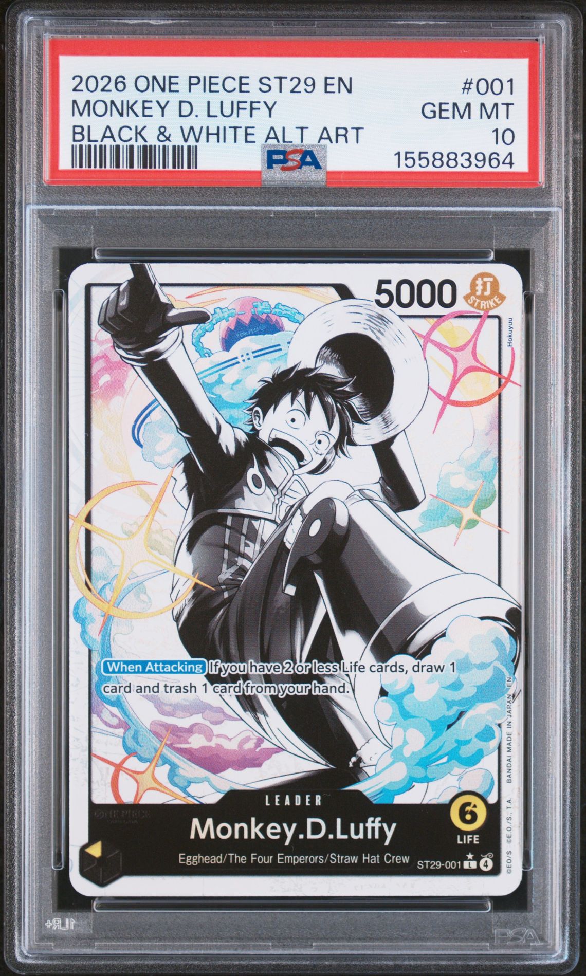 2026 One Piece Starter Deck St29-Egghead Monkey D. Luffy #001 (Black & White Alt Art) Gem Mt 10 front