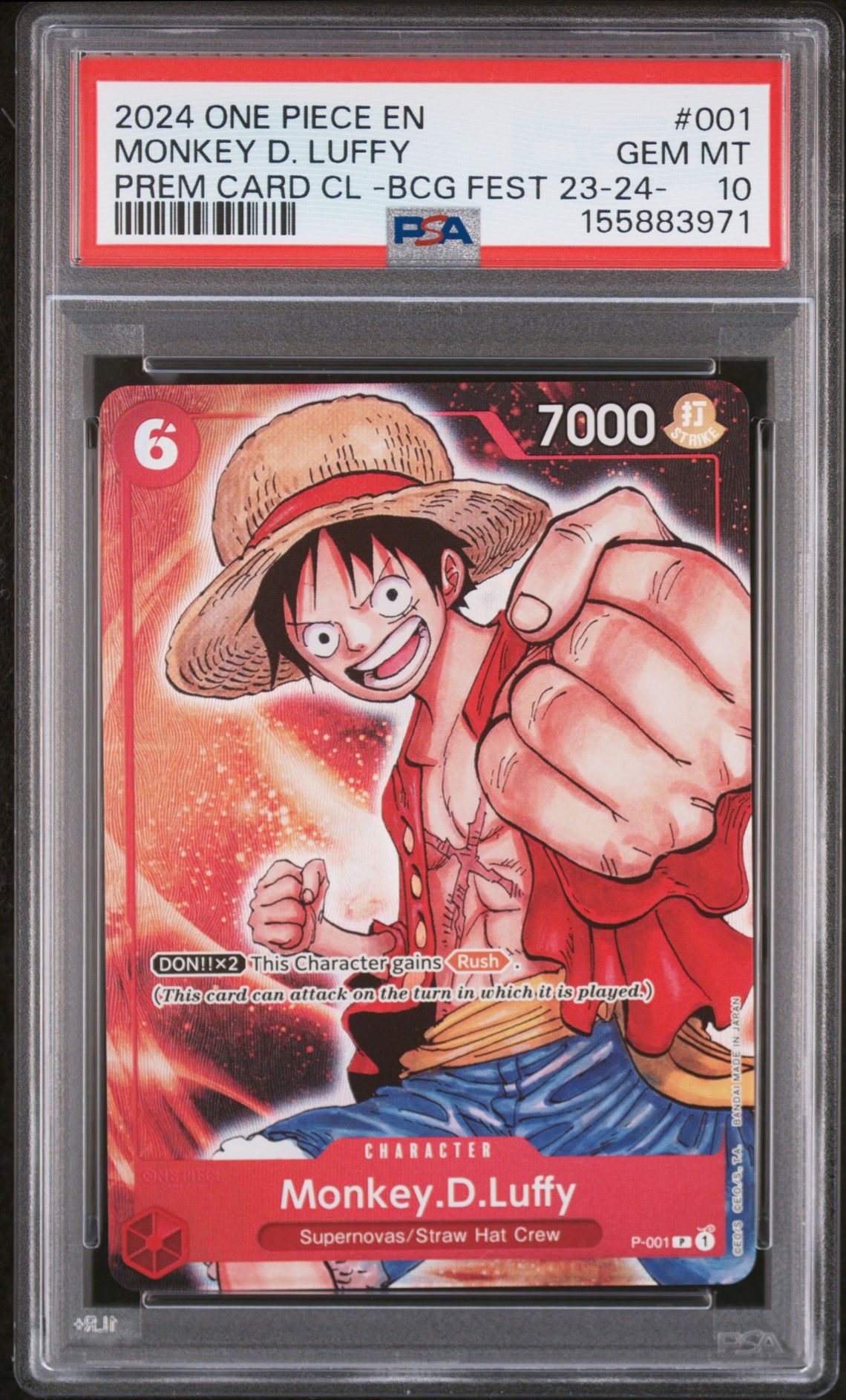 2024 One Piece Premium Card Collection -Bandai Card Games Fest 23-24 Edition- Monkey D. Luffy #001 Gem Mt 10 front view - PSA graded GEM MT 10