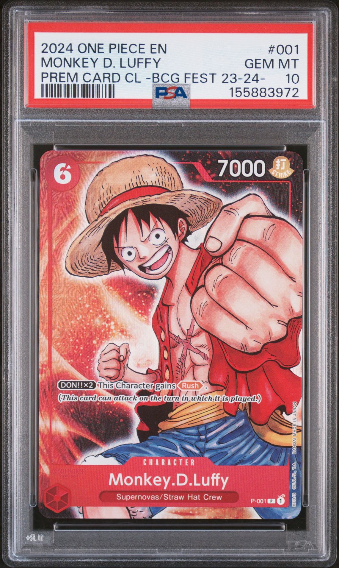 2024 One Piece Premium Card Collection -Bandai Card Games Fest 23-24 Edition- Monkey D. Luffy #001 Gem Mt 10 front view - PSA graded GEM MT 10