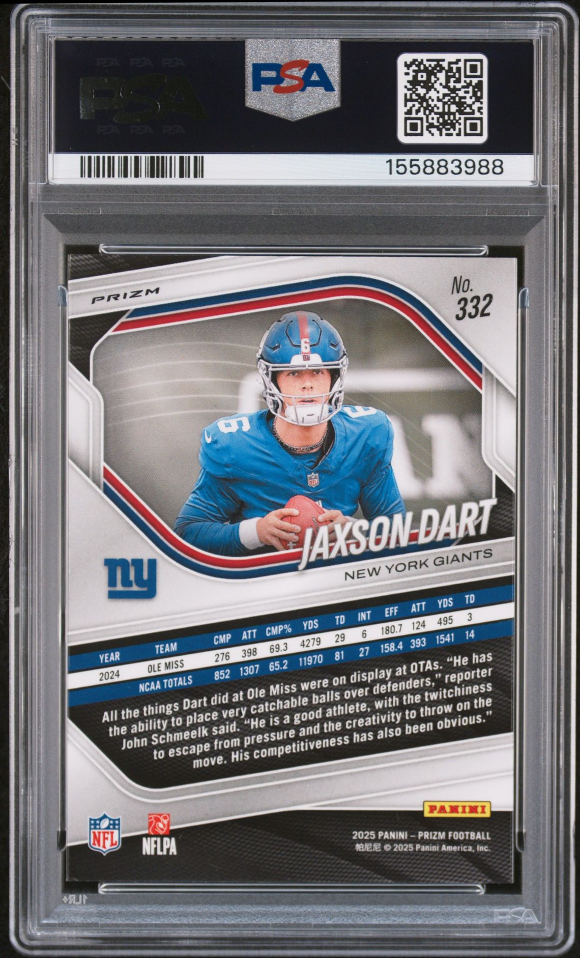 2025 Panini Prizm Jaxson Dart #332 (Lazer Prizm) Gem Mt 10 back