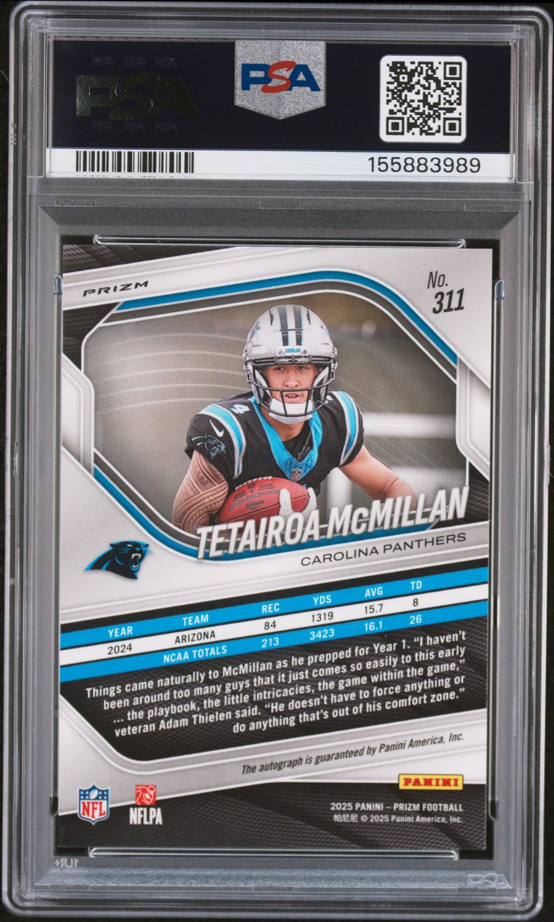 2025 Panini Prizm Tetairoa Mcmillan #311 (Autograph-No Huddle) Gem Mt 10 back