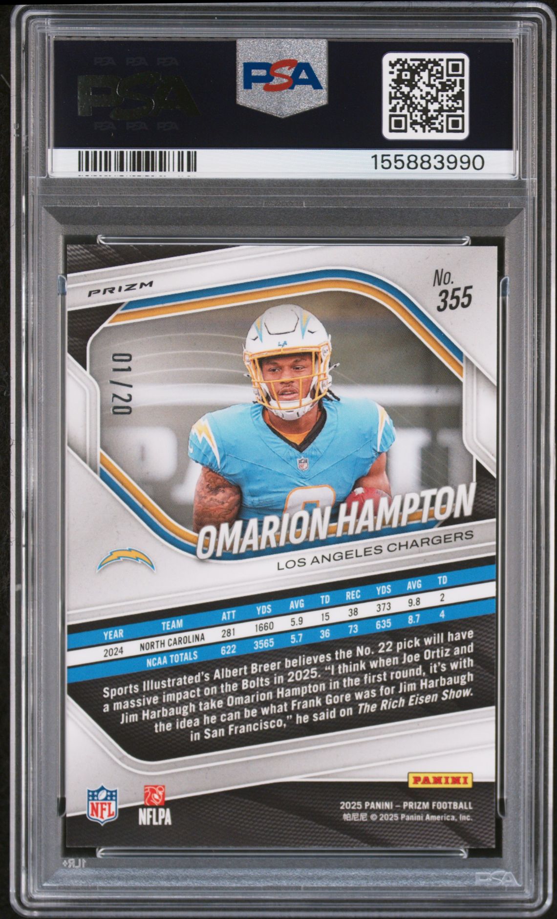 2025 Panini Prizm Omarion Hampton #355 (Panini Logo Prizm) Gem Mt 10 back