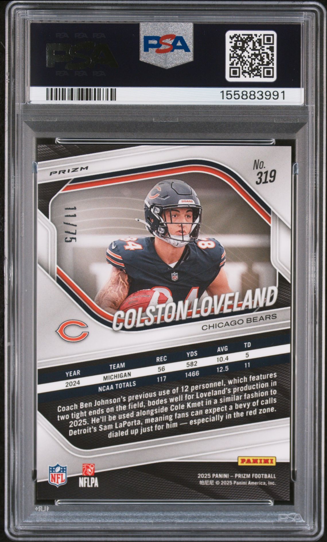 2025 Panini Prizm Colston Loveland #319 (Green Scope) Gem Mt 10 back