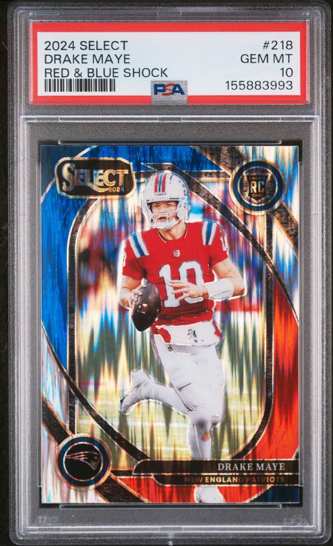 2024 Panini Select Drake Maye #218 (Red & Blue Shock) Gem Mt 10 front view - PSA graded GEM MT 10