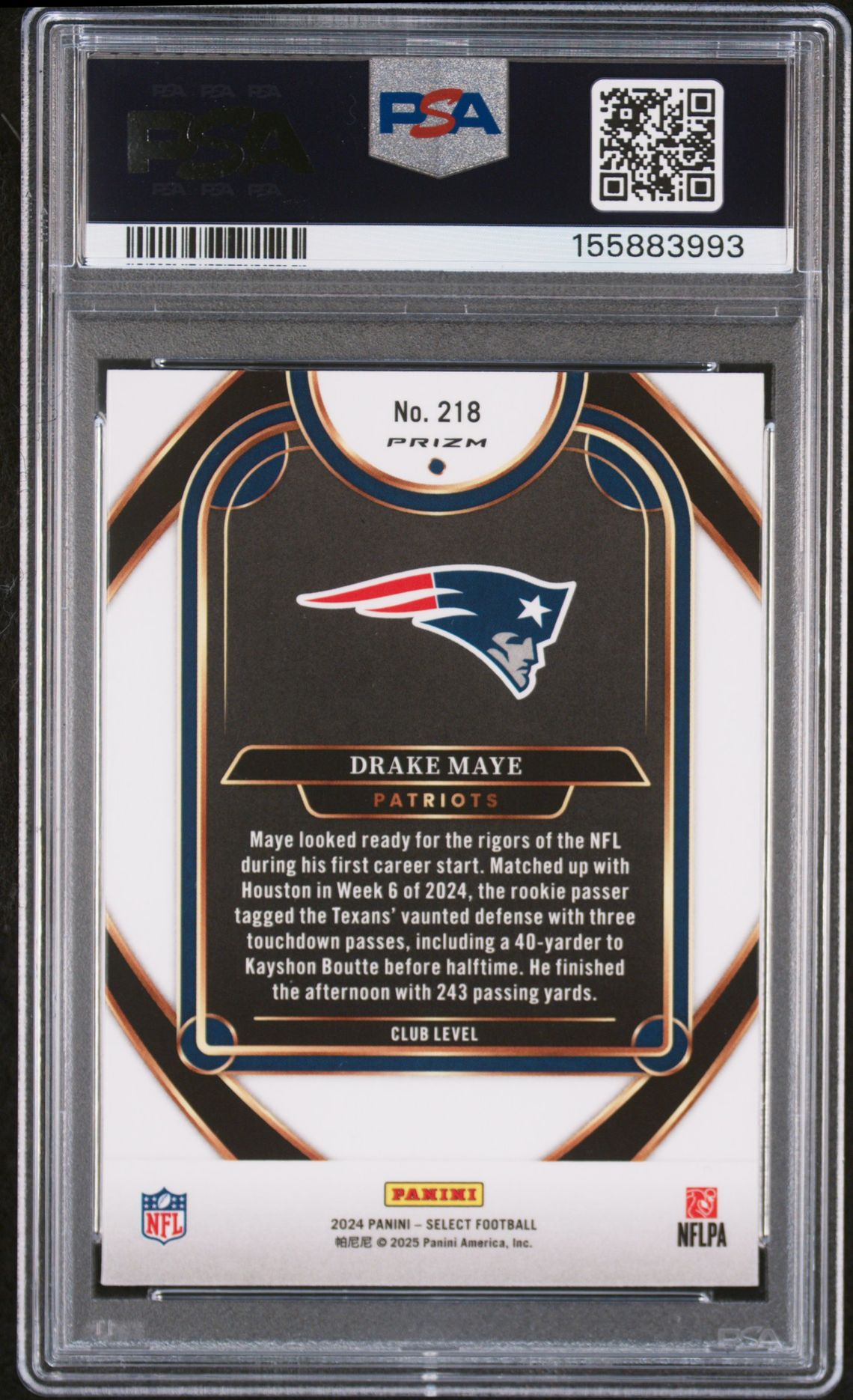 2024 Panini Select Drake Maye #218 (Red & Blue Shock) Gem Mt 10 back view - PSA certificate #155883993