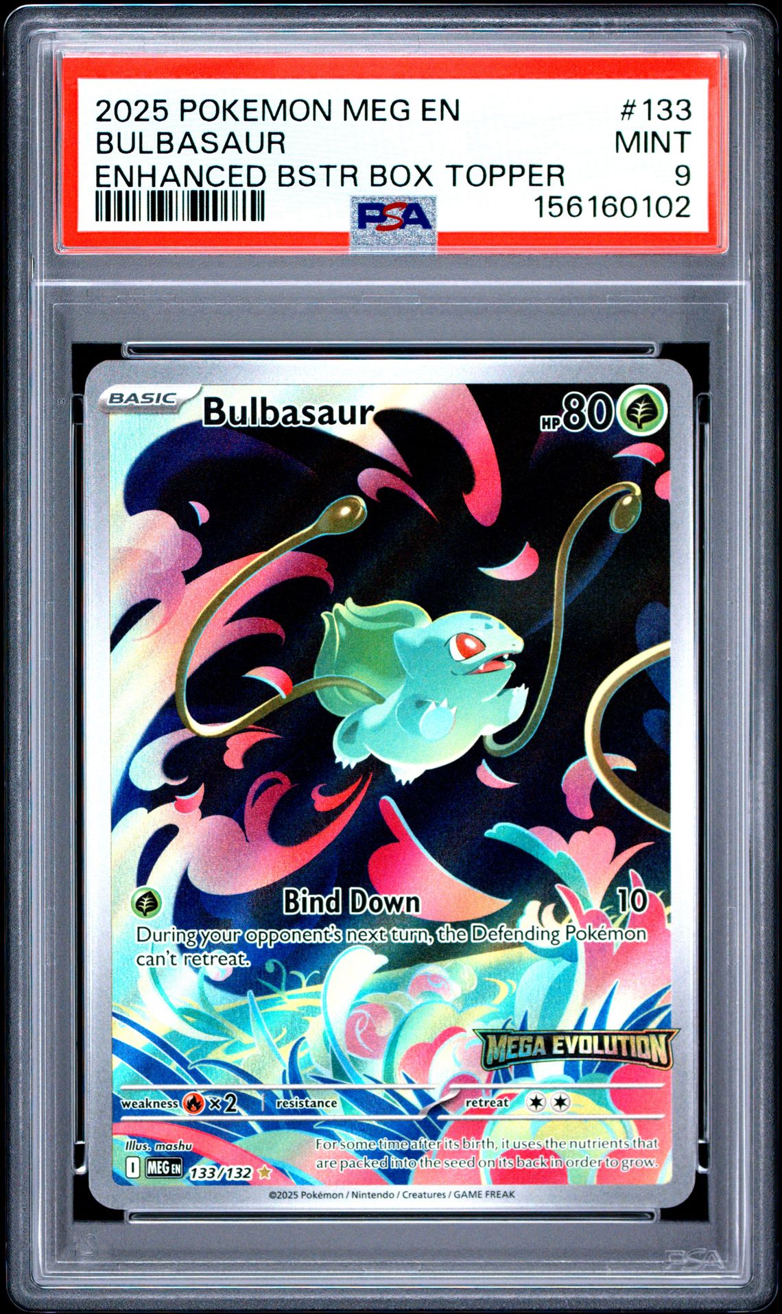 2025 Pokemon Meg En-Mega Evolution Bulbasaur #133 (Enhanced Bstr Box Topper) Mint 9 front
