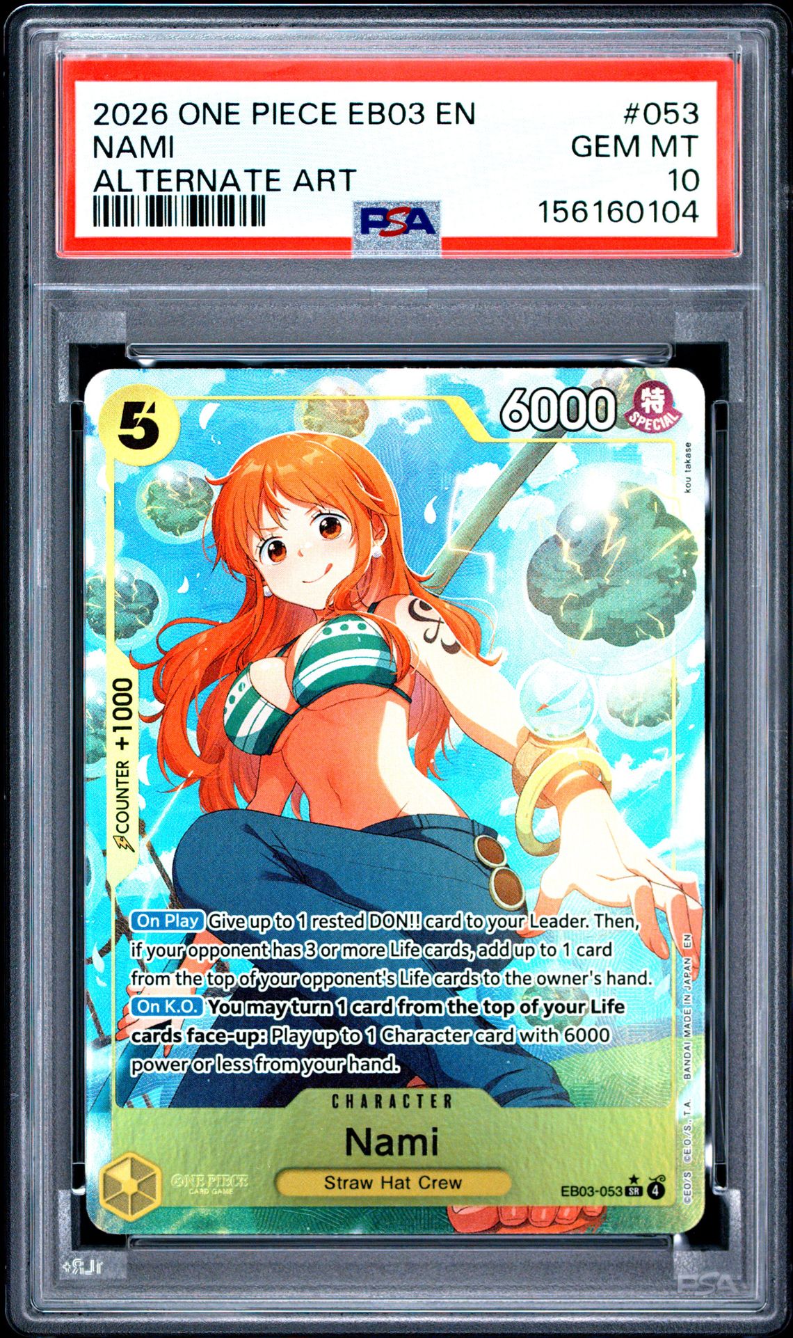 2026 One Piece Eb03-Extra Booster -One Piece Heroines Edition- Nami #053 (Alternate Art) Gem Mt 10 front view - PSA graded GEM MT 10