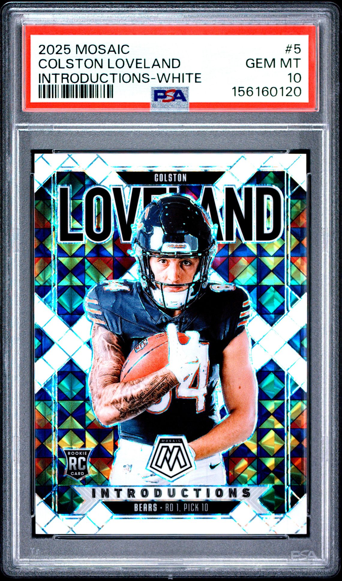 2025 Panini Mosaic Introductions Colston Loveland #5 (Introductions-White) Gem Mt 10 front view - PSA graded GEM MT 10