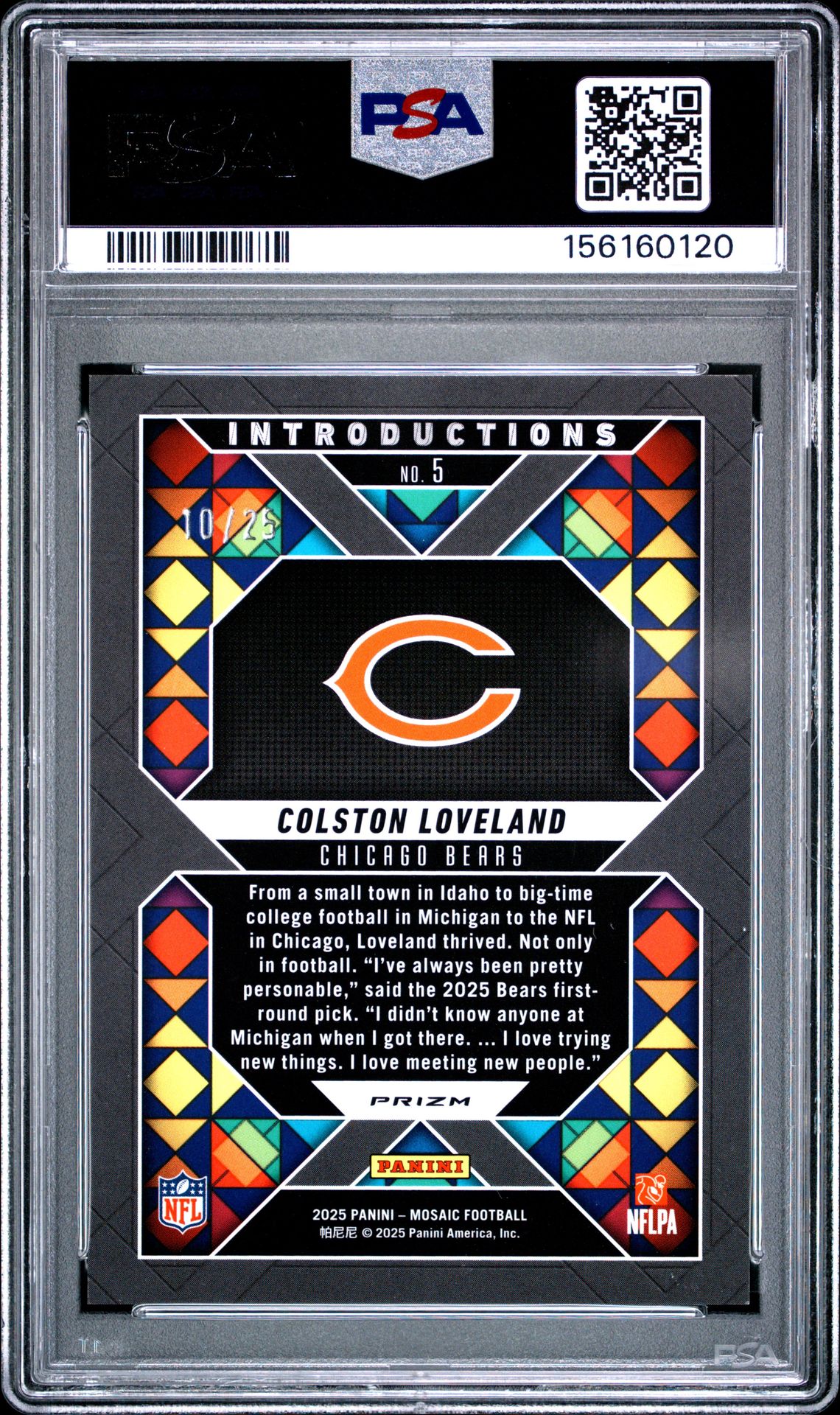 2025 Panini Mosaic Introductions Colston Loveland #5 (Introductions-White) Gem Mt 10 back view - PSA certificate #156160120