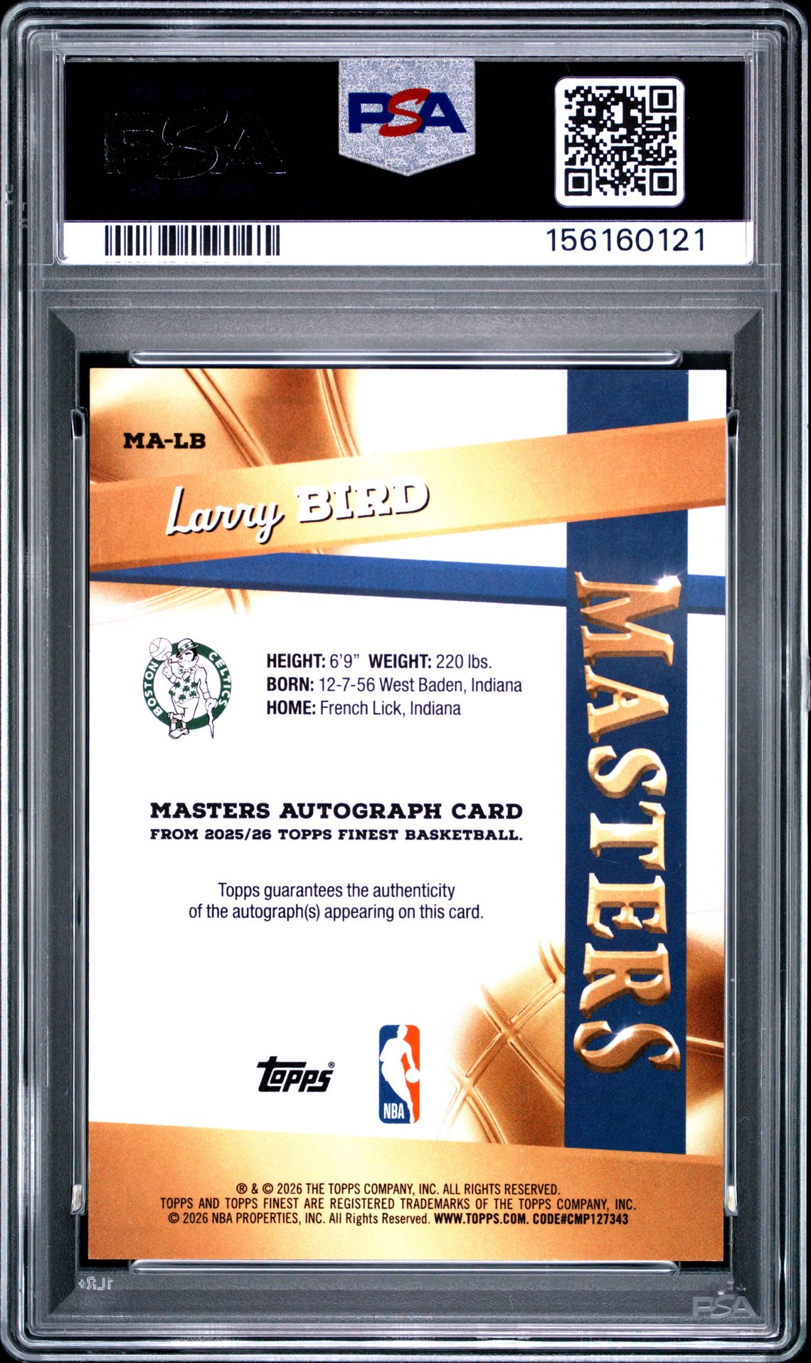 2025 Topps Finest Masters Autographs Larry Bird #Ma-Lb (Masters Auto-Orange Geo) Mint 9 back