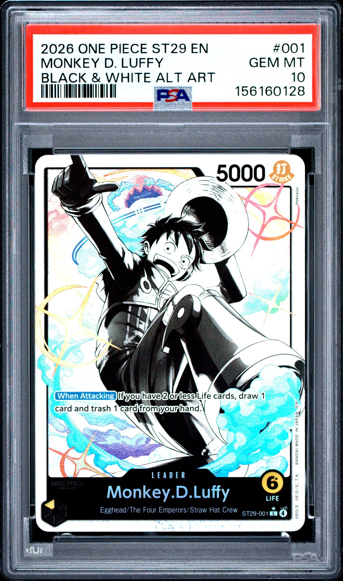 2026 One Piece Starter Deck St29-Egghead Monkey D. Luffy #001 (Black & White Alt Art) Gem Mt 10 front