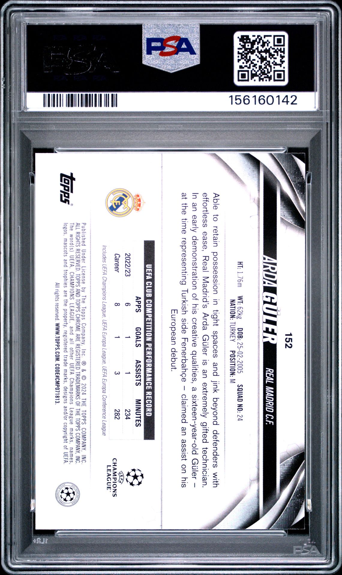 2023-24 Topps Chrome Uefa Club Competitions Arda Guler #152 (Aqua Prism Refractor) Gem Mt 10 back
