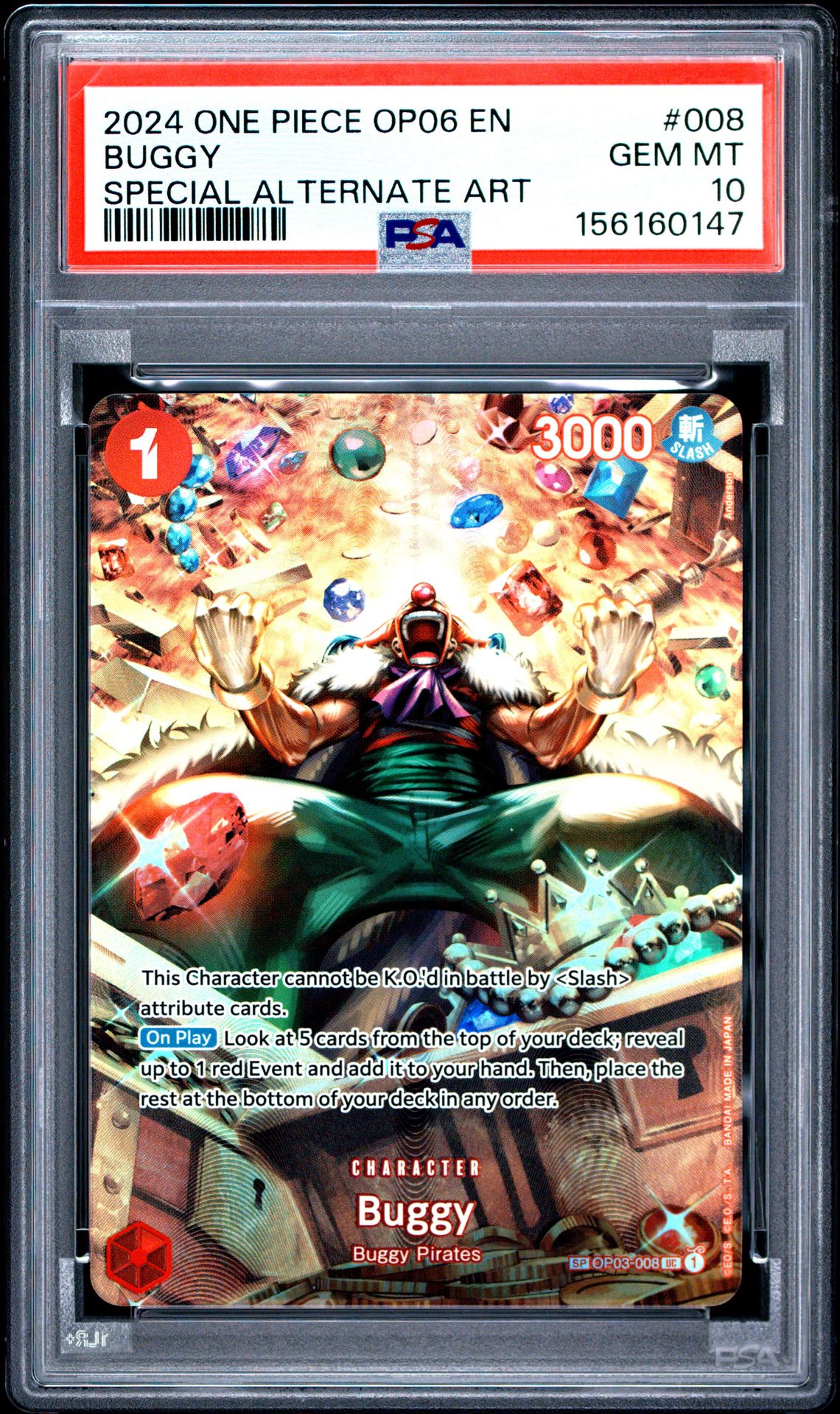 2024 One Piece Op06-Wings Of The Captain Buggy #008 (Special Alternate Art) Gem Mt 10 front view - PSA graded GEM MT 10