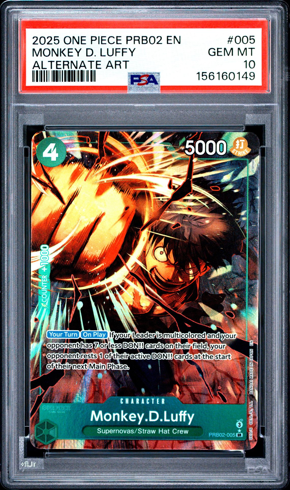 2025 One Piece Prb02-Premium Booster -One Piece Card The Best- Vol.2 Monkey D. Luffy #005 (Alternate Art) Gem Mt 10 front