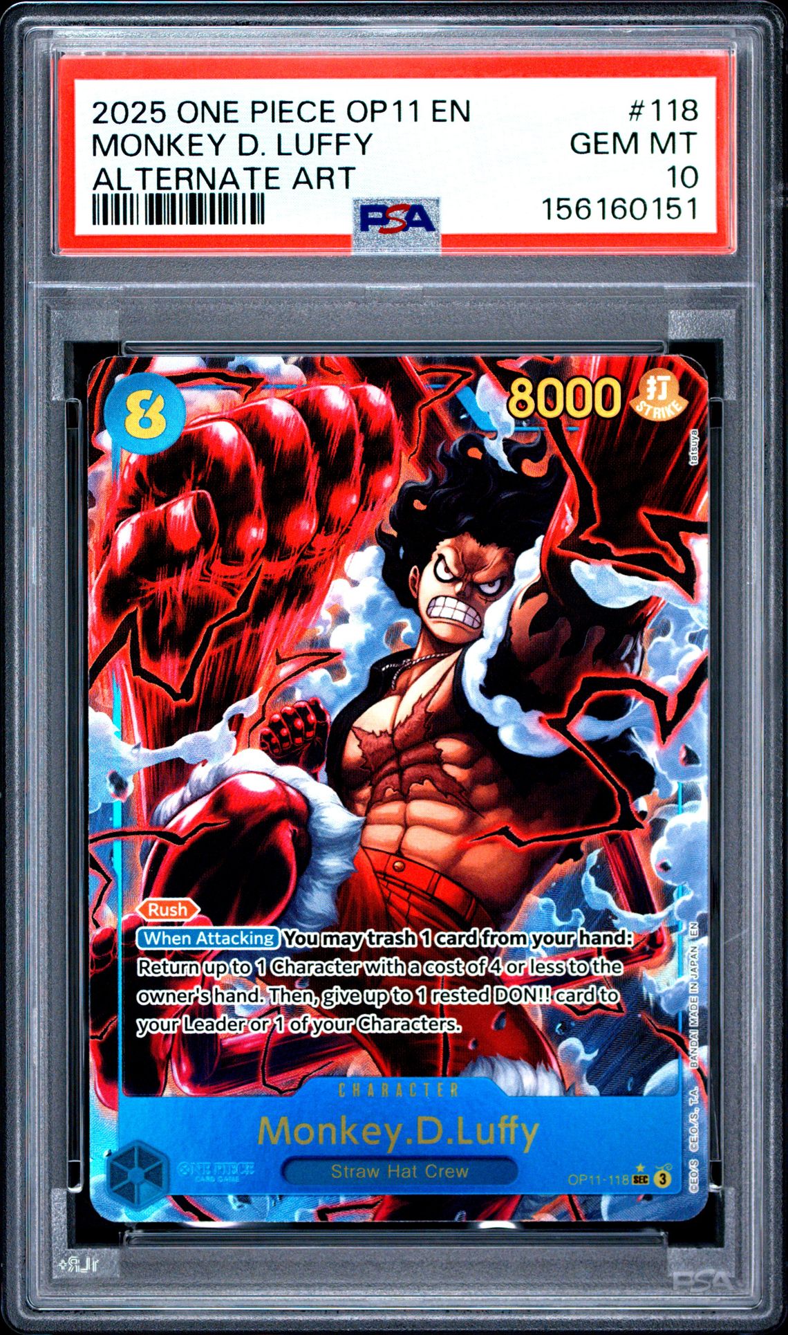 2025 One Piece Op11-A Fist Of Divine Speed Monkey D. Luffy #118 (Alternate Art) Gem Mt 10 front