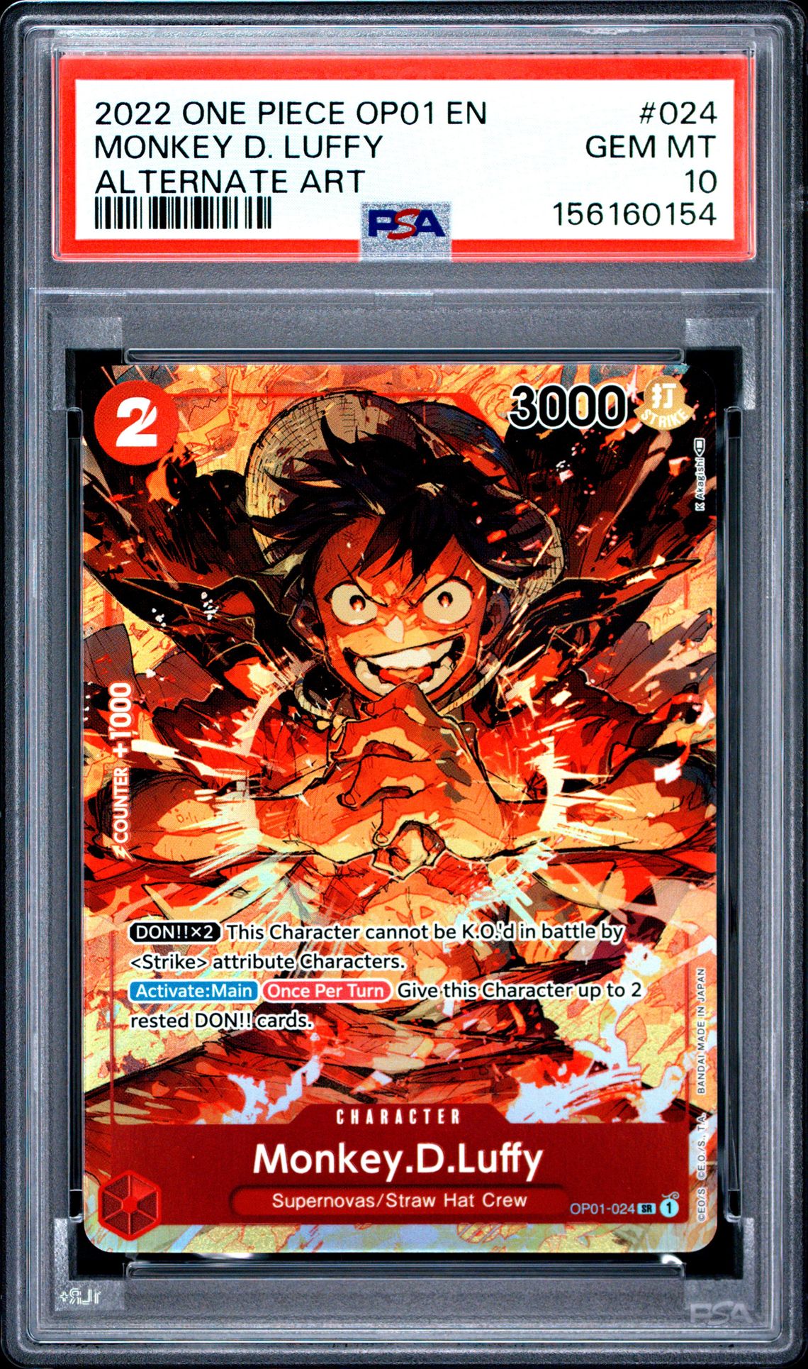 2022 One Piece Op01-Romance Dawn Monkey D. Luffy #024 (Alternate Art) Gem Mt 10 front