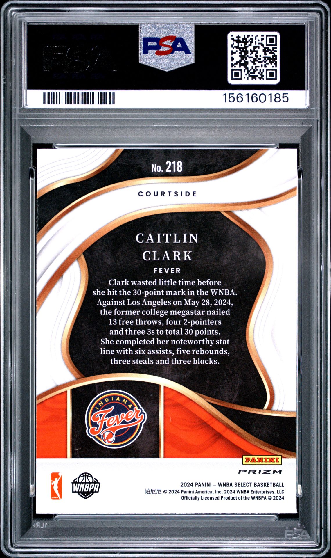 2024 Panini Select Wnba Caitlin Clark #218 (Red Ice) Gem Mt 10 back view - PSA certificate #156160185