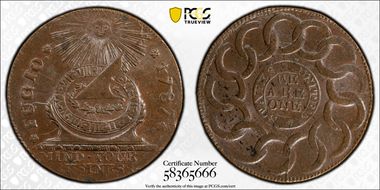 1787 Fugio 1C States United, 4 Cinq MS65BN