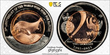 2011 $2 50th Anniversary of WWF Manatee Bi-metallic MS66