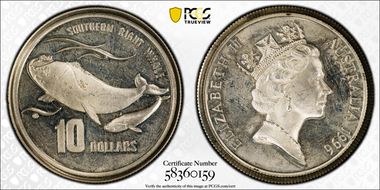 1996 $10 Southern Right Whale PR64CAM