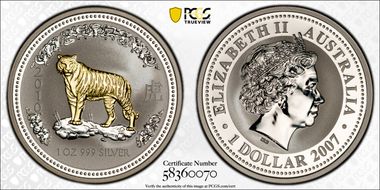 2007 $1 Year of the Tiger 2010 Select Gilt Ag MS70