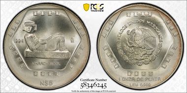 1994-Mo 5 Peso Chaac Mool KM-574  Ag MS66