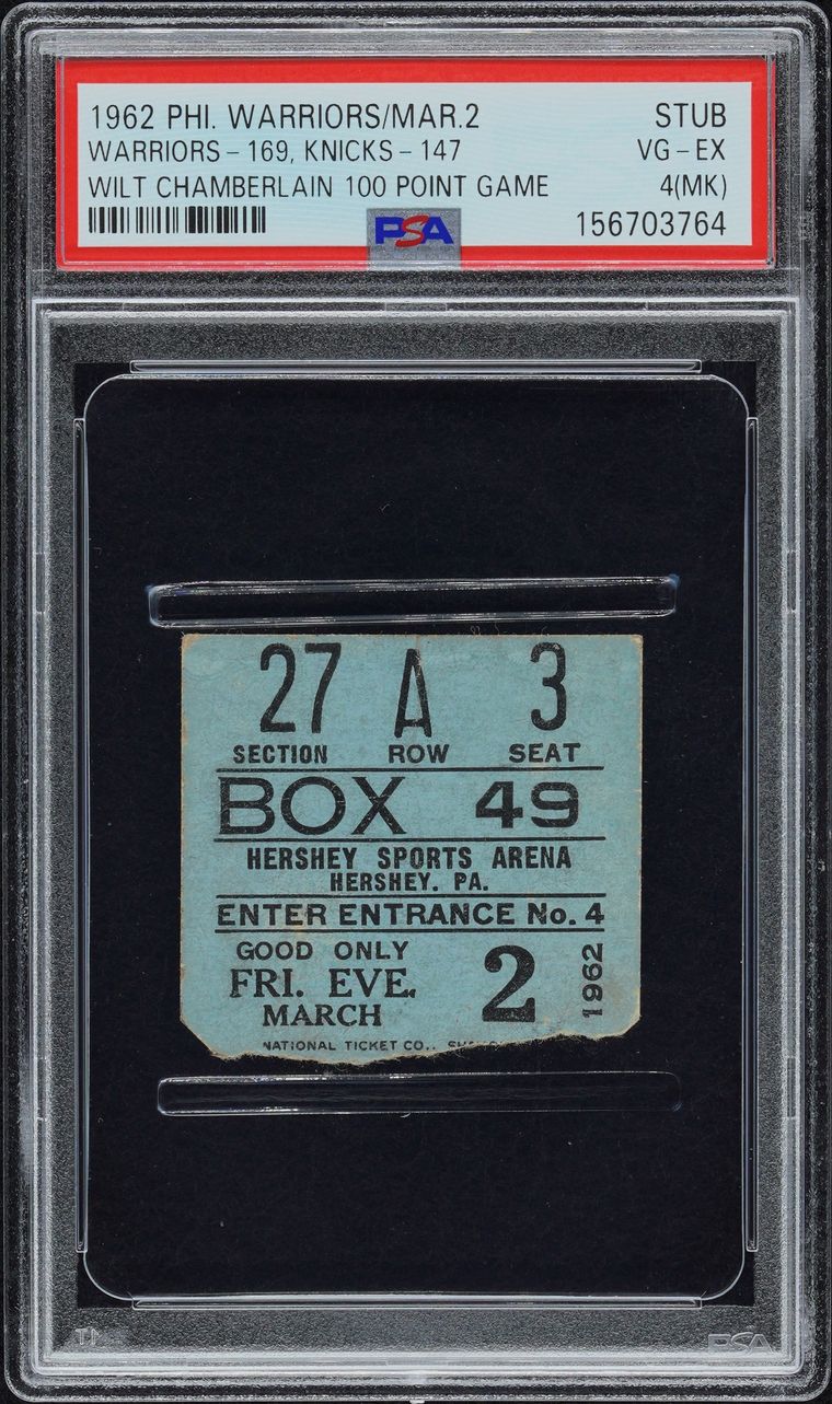 1962 Wilt Chamberlain 100-point game ticket stub graded PSA 4 MK