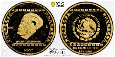 1993-Mo 25 Peso Hacha Ceremonial KM-585  Au PR65DCAM