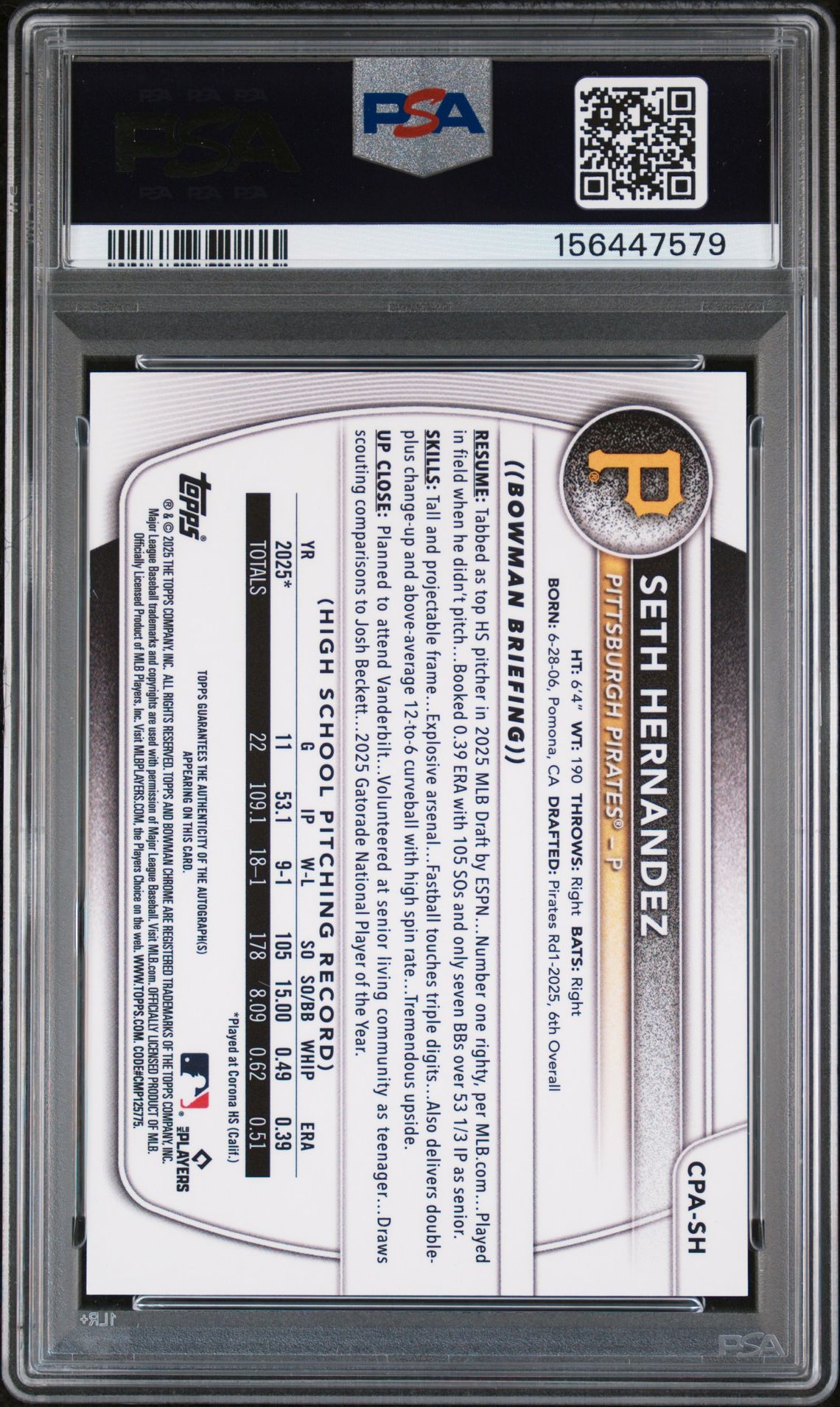2025 Bowman Draft Chrome Prospect Autographs Seth Hernandez #Cpa-Sh (Chr Pros Auto-Green Lava) Gem Mt 10 back view - PSA certificate #156447579
