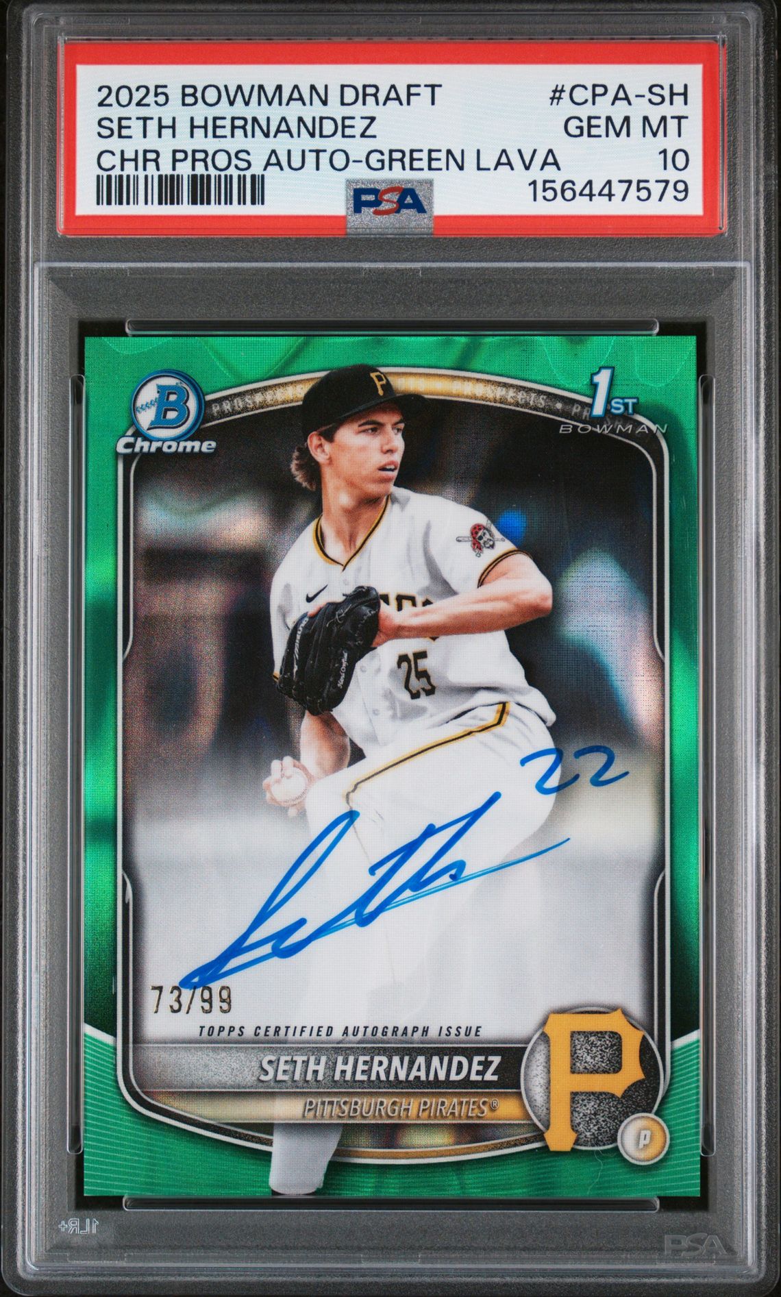2025 Bowman Draft Chrome Prospect Autographs Seth Hernandez #Cpa-Sh (Chr Pros Auto-Green Lava) Gem Mt 10 front view - PSA graded GEM MT 10