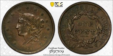 1837 1C Plain Cords, Medium Letters AU53BN