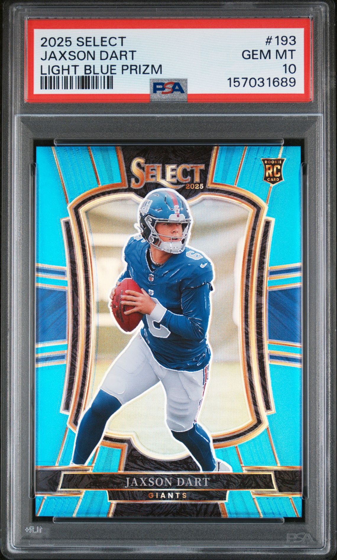 2025 Panini Select Jaxson Dart #193 (Light Blue Prizm) Gem Mt 10 front view - PSA graded GEM MT 10
