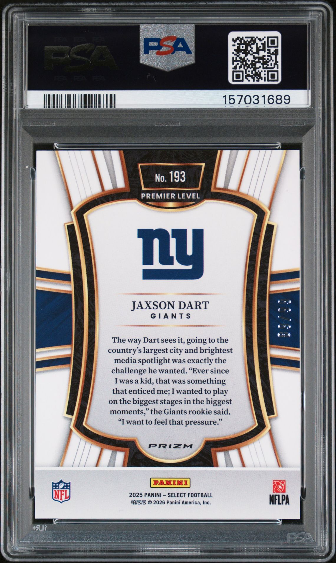 2025 Panini Select Jaxson Dart #193 (Light Blue Prizm) Gem Mt 10 back view - PSA certificate #157031689